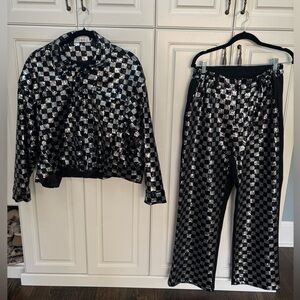 Kate Hewko black and silver sequin checkerboard pants